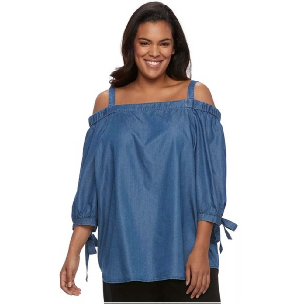 APT 9 Women's Cold Shoulder Denim Top Size 2X Blue Cotton Blend